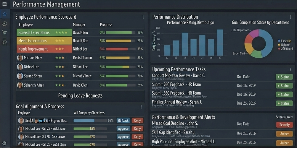 Charts showing employee growth and performance metrics